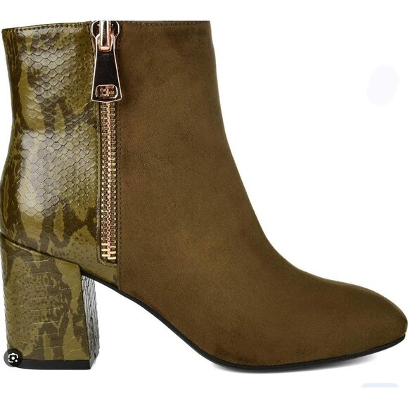 JOURNEE COLLECTION Womens Green Snakeskin Sarah Toe Block Heel Booties 8 M - Picture 1 of 15